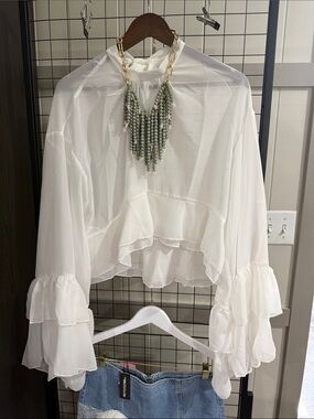 Sheer Ruffle Tie-Back Blouse - White